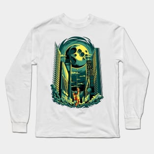 Moon with Astronaute in the city Long Sleeve T-Shirt